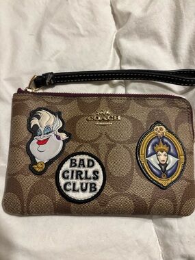 Coach Brown Signature Canvas Wristlet with Villain Patch Accents